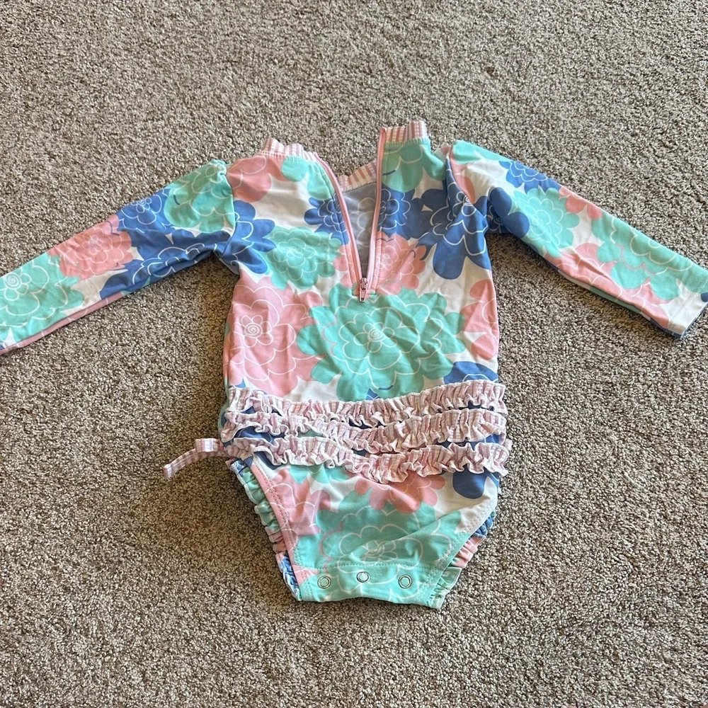 RuffleButts Long-Sleeve Floral One-Piece in Pink, Blue & Mint 12-18 months